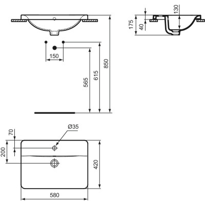 Ideal Standard CONNECT į stalviršį įleidžiamas praustuvas, 58 cm, su skyle maišytuvui, baltos blizgios spalvos