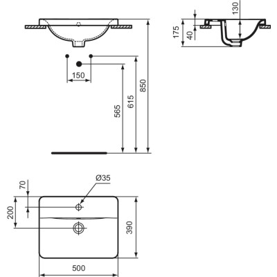 Ideal Standard CONNECT į stalviršį įleidžiamas praustuvas, 50 cm, su skyle maišytuvui, baltos blizgios spalvos