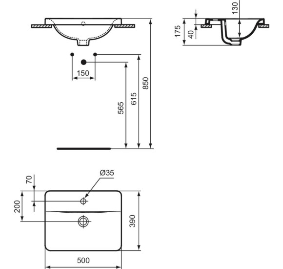Ideal Standard CONNECT į stalviršį įleidžiamas praustuvas, 50 cm, su skyle maišytuvui, baltos blizgios spalvos