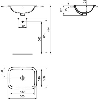 Ideal Standard CONNECT į stalviršį įleidžiamas praustuvas, 50 cm, be skylės maišytuvui, baltos blizgios spalvos