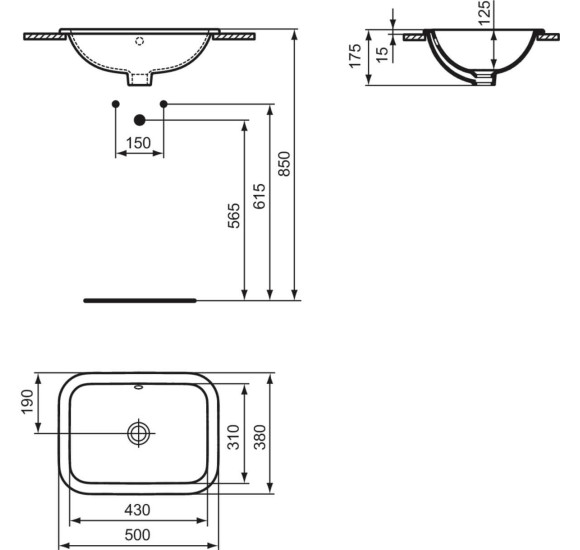 Ideal Standard CONNECT į stalviršį įleidžiamas praustuvas, 50 cm, be skylės maišytuvui, baltos blizgios spalvos