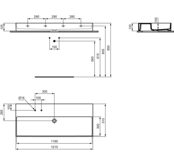 Ideal Standard Solos Vanity Basin pakabinamas praustuvas 1215x515x120 mm, su 2 skylėm maišytuvui, pasirinkite spalvą