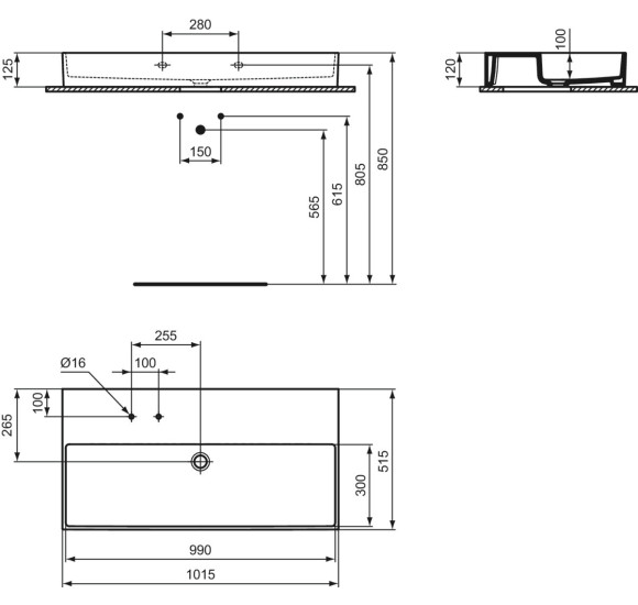 Ideal Standard Solos Vanity Basin pakabinamas praustuvas 1015x515x120 mm, su 2 skylėm maišytuvui, pasirinkite spalvą