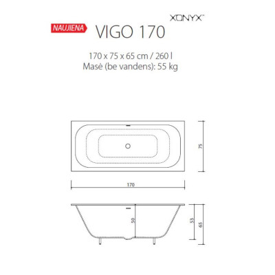 Balteco Xonyx akmens masės vonia VIGO 170x75 cm, baltos matinės spalvos