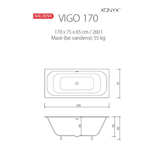 Balteco Xonyx akmens masės vonia VIGO 170x75 cm, baltos matinės spalvos