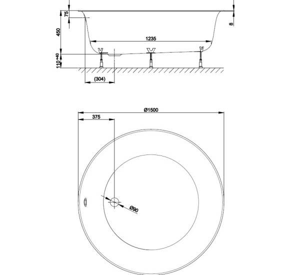 BettePond Silhouette apvali plieninė vonia 150 cm skersmens, baltos spalvos