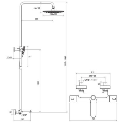 TE 092.20BL Dušo stovas Termo 300, su termostatiniu vonios maišytuvu, pasirinkite spalvą