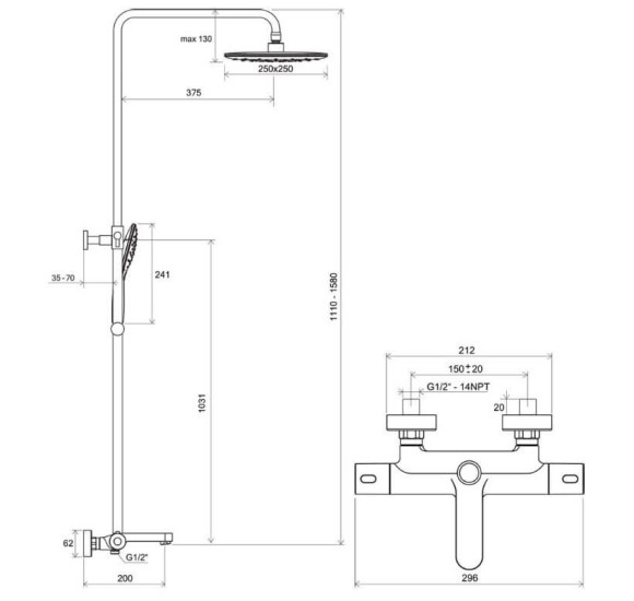 TE 092.20BL Dušo stovas Termo 300, su termostatiniu vonios maišytuvu, pasirinkite spalvą