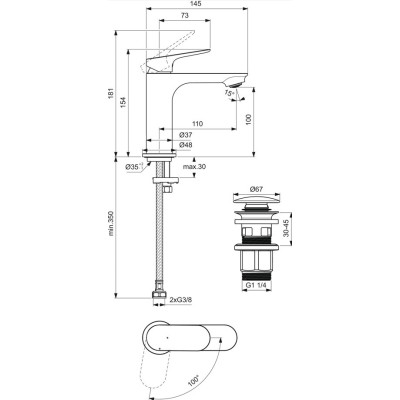 Ideal Standard CeraLife O H100 maišytuvas praustuvui su „click-clack“ dugno vožtuvu, chromo spalvos