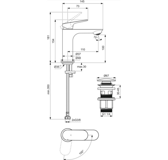 Ideal Standard CeraLife O H100 maišytuvas praustuvui su „click-clack“ dugno vožtuvu, chromo spalvos