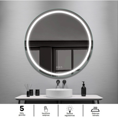 FOCCO LED apvalus veidrodis, 80 cm skersmuo, priekinis apšvietimas 3000-5700K, šildomas kilimėlis, dimeriavimas