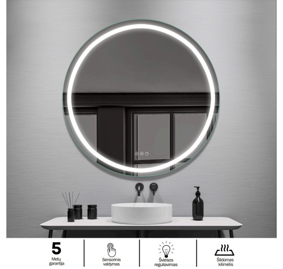 FOCCO LED apvalus veidrodis, 80 cm skersmuo, priekinis apšvietimas 3000-5700K, šildomas kilimėlis, dimeriavimas