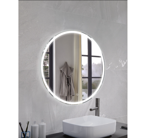 FOCCO LED apvalus veidrodis, 80 cm skersmuo, priekinis apšvietimas 3000-5700K, šildomas kilimėlis, dimeriavimas