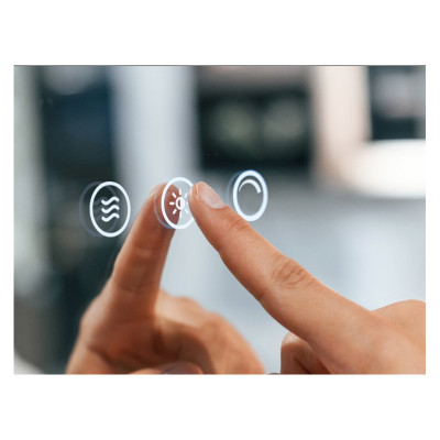 FOCCO LED apvalus veidrodis, 80 cm skersmuo, priekinis apšvietimas 3000-5700K, šildomas kilimėlis, dimeriavimas