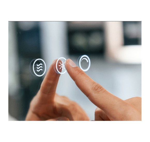 FOCCO LED apvalus veidrodis, 80 cm skersmuo, priekinis apšvietimas 3000-5700K, šildomas kilimėlis, dimeriavimas