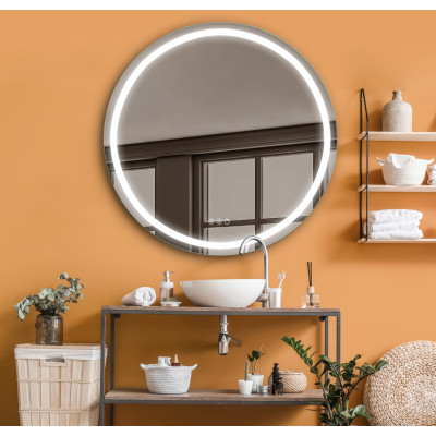 FOCCO LED apvalus veidrodis, 80 cm skersmuo, priekinis apšvietimas 3000-5700K, šildomas kilimėlis, dimeriavimas