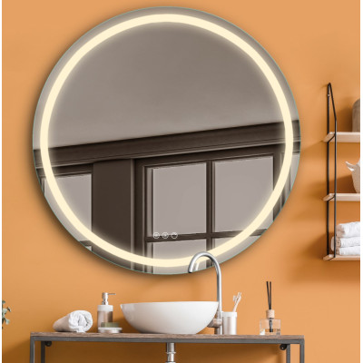 FOCCO LED apvalus veidrodis, 80 cm skersmuo, priekinis apšvietimas 3000-5700K, šildomas kilimėlis, dimeriavimas