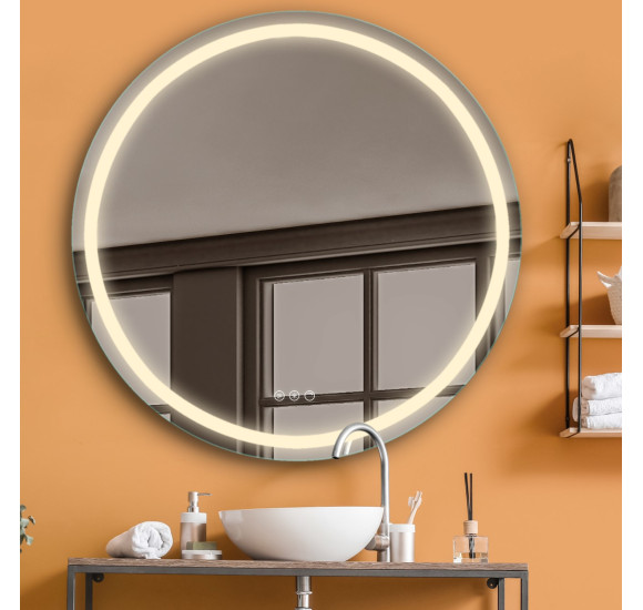 FOCCO LED apvalus veidrodis, 80 cm skersmuo, priekinis apšvietimas 3000-5700K, šildomas kilimėlis, dimeriavimas