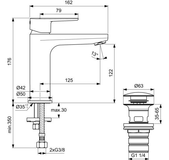 Ideal Standard Cerafine O maišytuvas praustuvui su dugno vožtuvu, pasirinkite spalvą