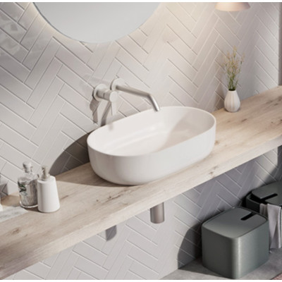 Balteco NEO O Xonyx akmens masės pastatomas praustuvas, 56x36x14cm, baltas matinis, dugno vožtuvas komplekte