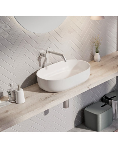 Balteco NEO O Xonyx akmens masės pastatomas praustuvas, 56x36x14cm, baltas matinis, dugno vožtuvas komplekte