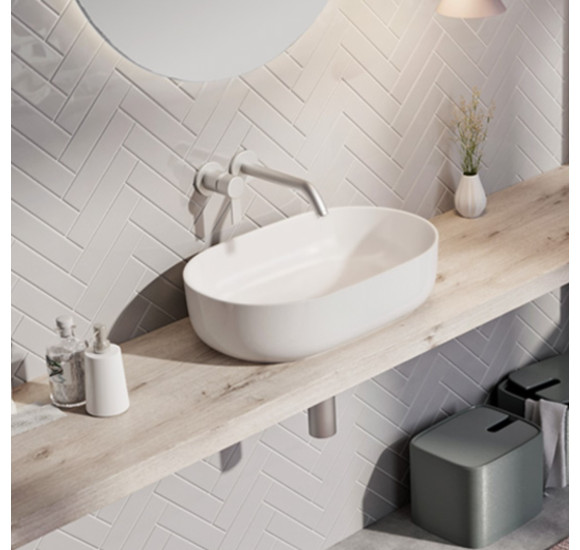 Balteco NEO O Xonyx akmens masės pastatomas praustuvas, 56x36x14cm, baltas matinis, dugno vožtuvas komplekte