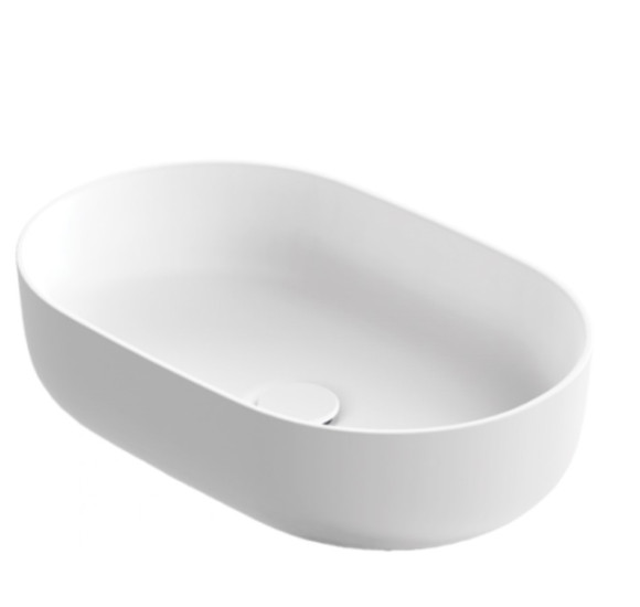 Balteco NEO O Xonyx akmens masės pastatomas praustuvas, 56x36x14cm, baltas matinis, dugno vožtuvas komplekte