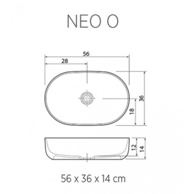 Balteco NEO O Xonyx akmens masės pastatomas praustuvas, 56x36x14cm, baltas matinis, dugno vožtuvas komplekte