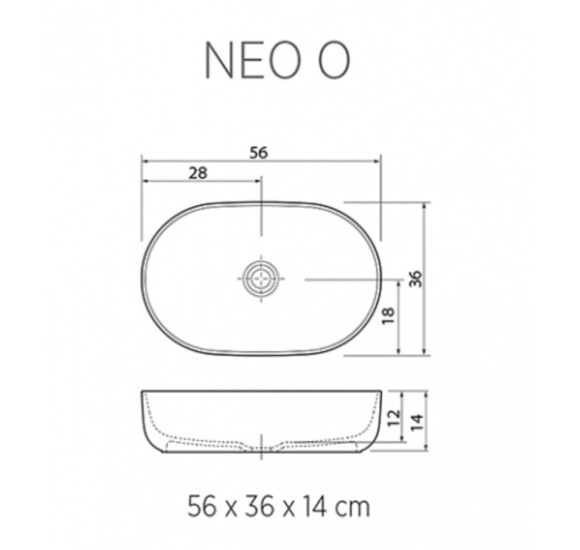 Balteco NEO O Xonyx akmens masės pastatomas praustuvas, 56x36x14cm, baltas matinis, dugno vožtuvas komplekte