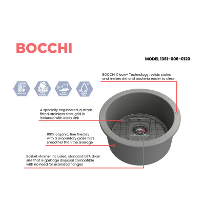 IŠPARDAVIMAS. Bocchi Sotto keramikinė virtuvinė plautuvė 50cm, montuojama iš apačios, pilka