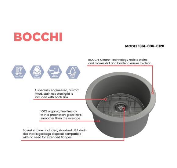 IŠPARDAVIMAS. Bocchi Sotto keramikinė virtuvinė plautuvė 50cm, montuojama iš apačios, pilka