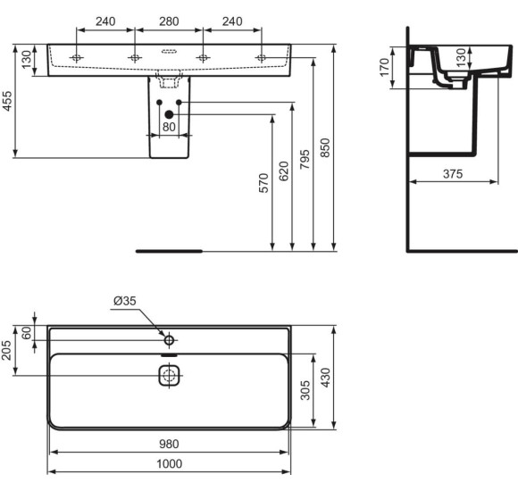 Ideal Standard Strada II praustuvas, 100 cm, baltos blizgios spalvos
