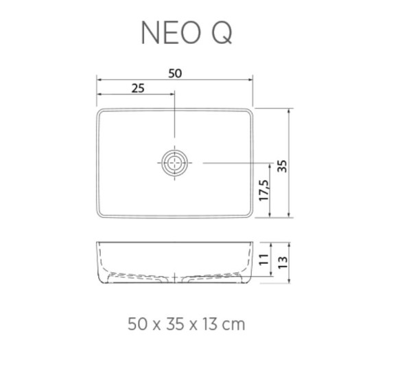 Balteco NEO Q Xonyx akmens masės pastatomas praustuvas, 50x35x13cm, baltos matinės spalvos, dugno vožtuvas komplekte
