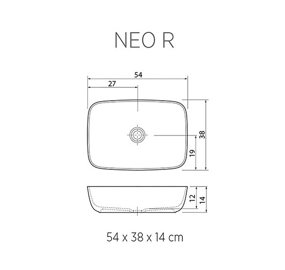 Balteco NEO R Xonyx akmens masės pastatomas praustuvas, 54x38x14cm, baltas matinis, dugno vožtuvas komplekte