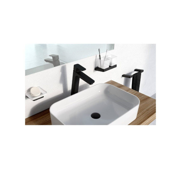 Ravak prie sienos tvirtinamas laikiklis su dviem stiklinėm, juodos matinės spalvos