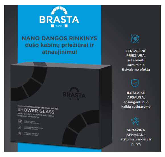 Brasta Glass Nano dangos rinkinys dušo kabinų priežiūrai ir atnaujinimui