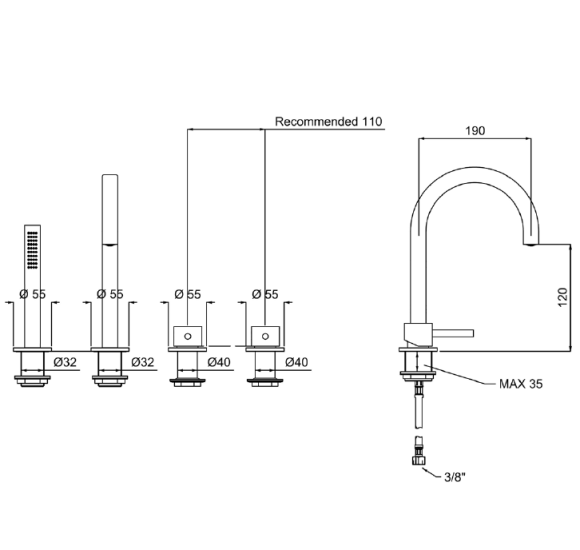 QD MagistroLab Curvy 65 Vonios maišytuvo komplektas, pasirinkite spalvą