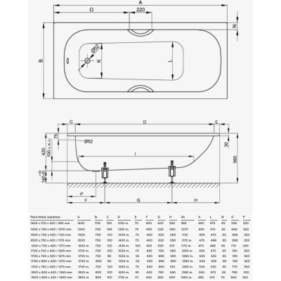 Bette Form plieninė vonia, įvairių dydžių, su garso izoliacinėmis gumomis, plotis 80cm