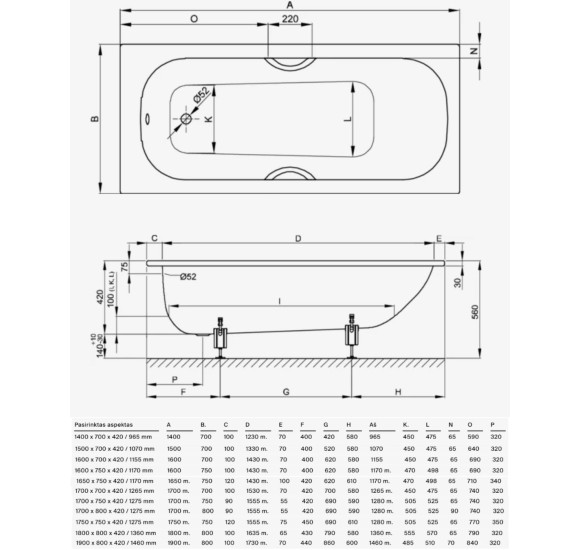 Bette Form plieninė vonia, įvairių dydžių, su garso izoliacinėmis gumomis, plotis 80cm
