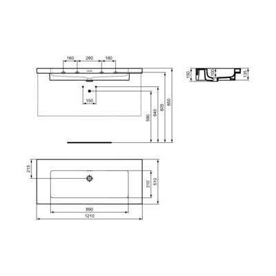Ideal Standard Extra praustuvas 121 cm, be skylės maišytuvui, su perpildymo anga