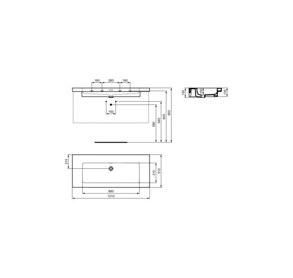 Ideal Standard Extra praustuvas 121 cm, be skylės maišytuvui, su perpildymo anga