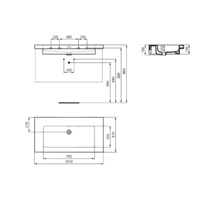 Ideal Standard Extra praustuvas 101 cm, be skylės maišytuvui, su perpildymo anga