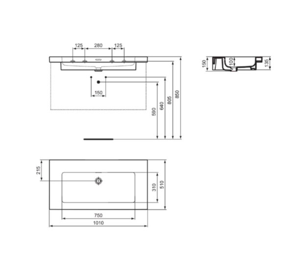 Ideal Standard Extra praustuvas 101 cm, be skylės maišytuvui, su perpildymo anga