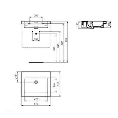 Ideal Standard Extra praustuvas 61 cm, be skylės maišytuvui, su perpildymo anga