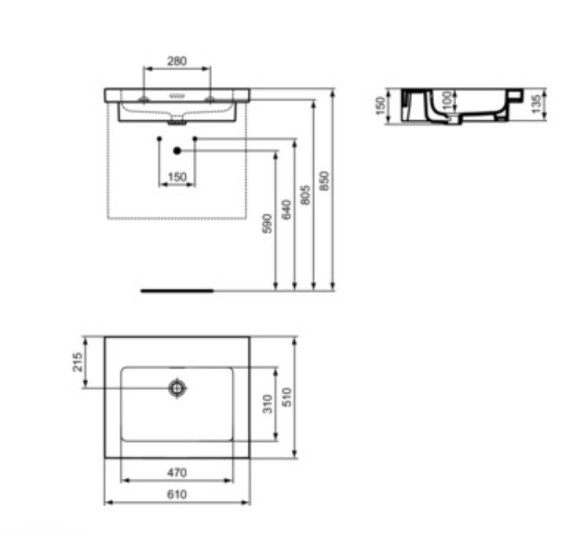 Ideal Standard Extra praustuvas 61 cm, be skylės maišytuvui, su perpildymo anga