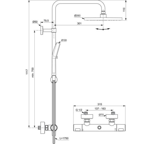 Ideal Standard Ceratherm T25N virštinkinė dušo sistema, chromo spalvos