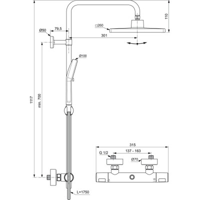 Ideal Standard Ceratherm T25N virštinkinė termostatinė dušo sistema, chromo spalvos