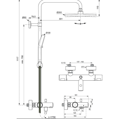Ideal Standard Ceratherm T25N virštinkinė termostatinė dušo/vonios sistema, chromo spalvos