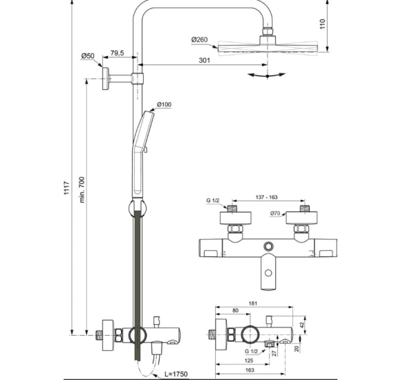 Ideal Standard Ceratherm T25N virštinkinė termostatinė dušo/vonios sistema, chromo spalvos