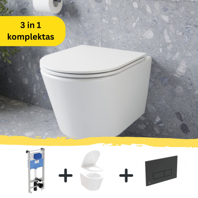 WC komplektas 3in1: Ravak Flow klozetas su "Soft Close" dangčiu ir Ideal Standard rėmas, juodas mygtukas